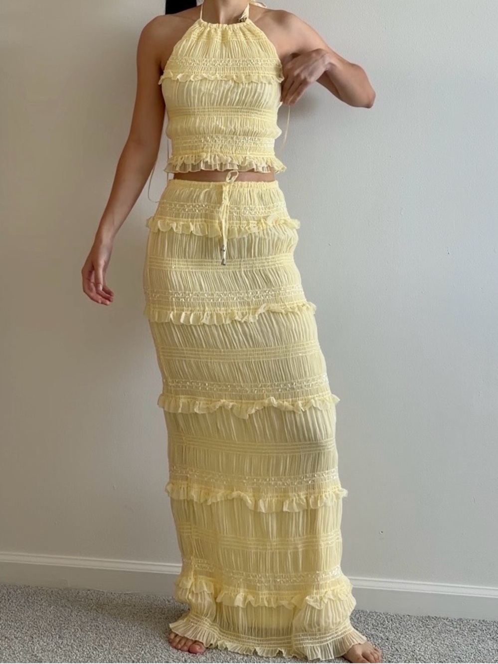 Light Yellow Two-Piece Set - Long skirt and crop top